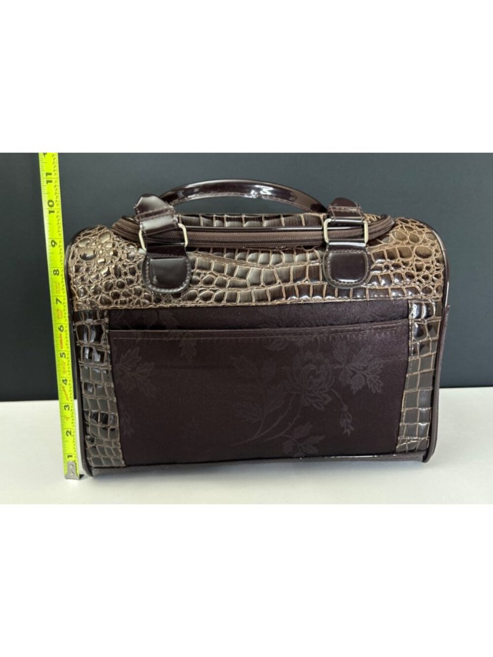 Faux Crocodile Travel Bag  Duffel Dual Handbag With Cosmetic Case Brown Floral - Picture 14 of 16